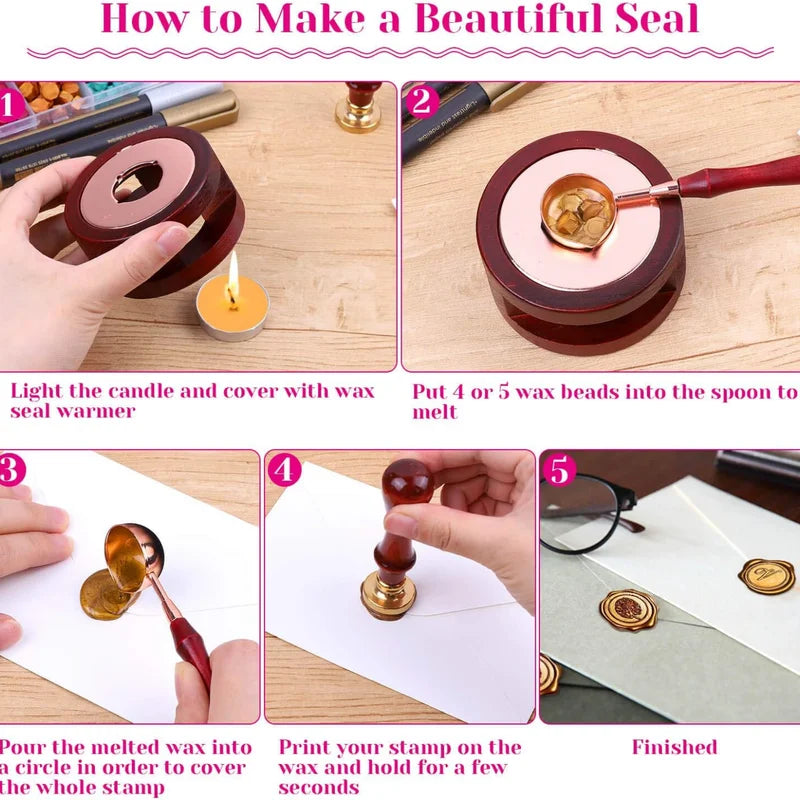 Wax Seal Set with Gold Beads, Warmer, Spoon & Candles for Invitations & Crafts