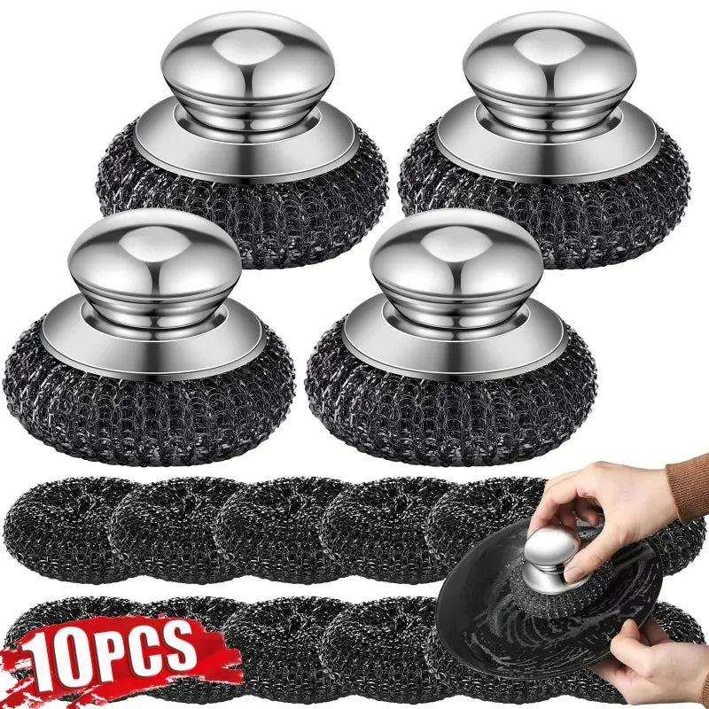 Stainless Steel Pot Brush with Handle and Metal Ball for Dishwashing - Kitchen Cleaner