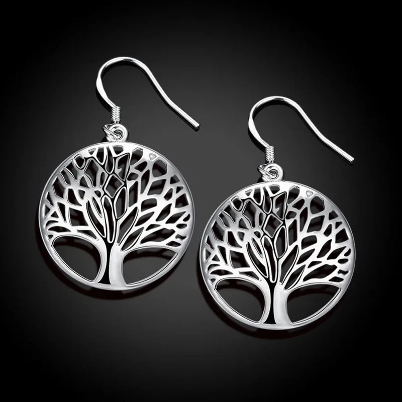 925 Sterling Silver Earrings for Women Hollow Carved Round Tree Christmas Gift Jewelry