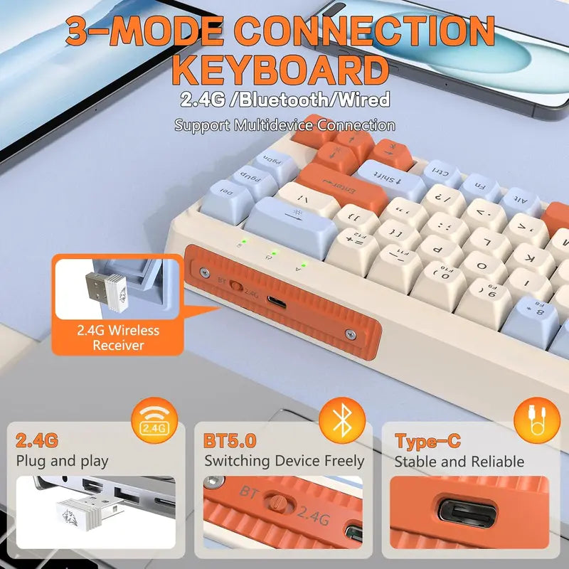 Wireless Gaming Keyboard 65% RGB Backlit Tri-Mode Silent Membrane PBT Keycaps