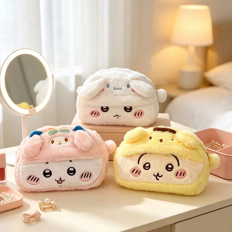 Kawaii Cartoon Plush Pen Bag Large Capacity Fluffy Stationery Organizer with Animal Face Design