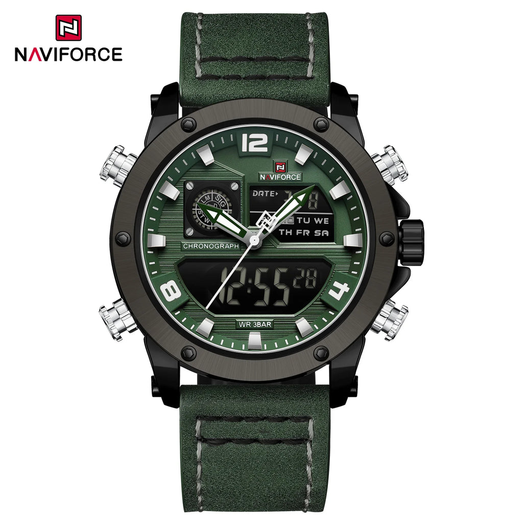Men's Digital Leather Wrist Watch Dual Display Waterproof Quartz Sport Watch
