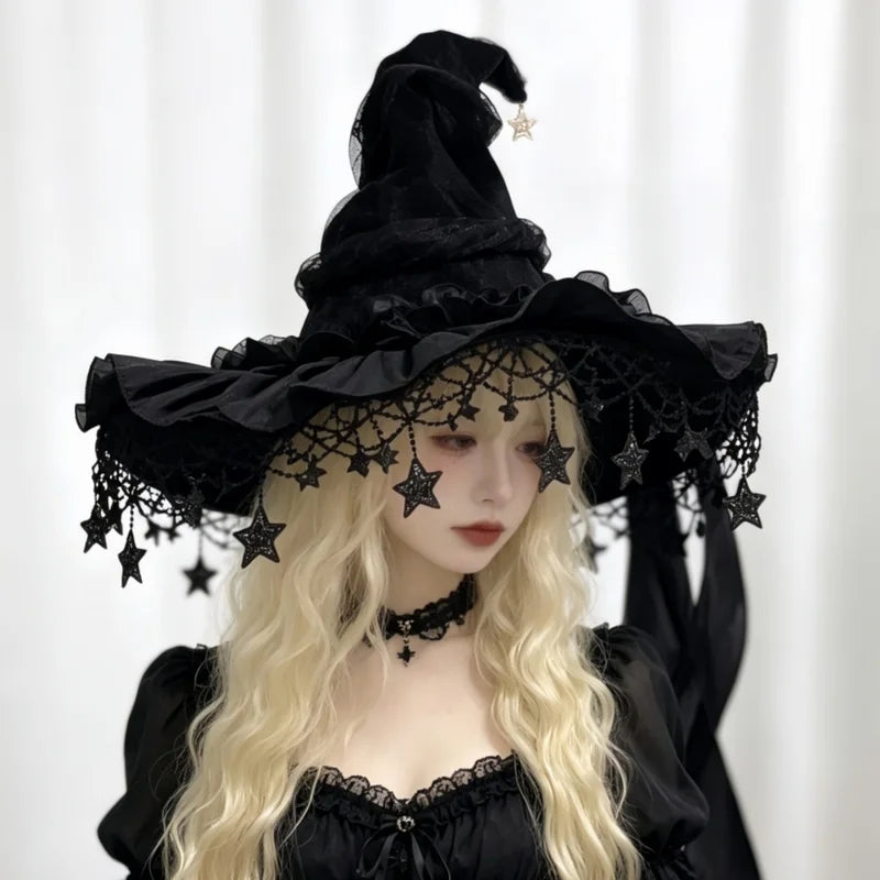 Velvet Witch Hat with Lace Trim & Moon Pendant for Halloween & Cosplay