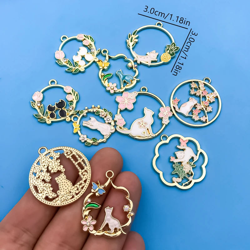10pcs Alloy Pendant Set with Enamel Leaf and Cat Charms for DIY Jewelry Making