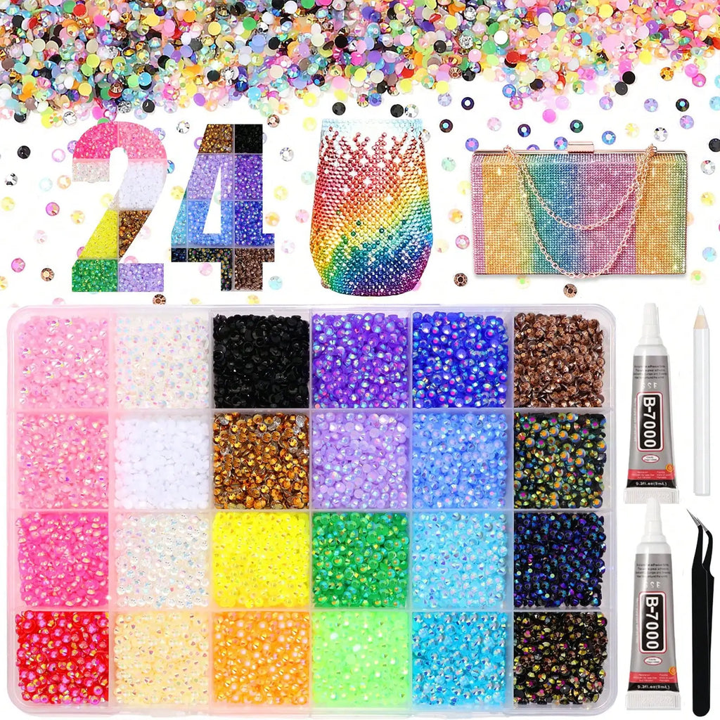 DIY Rhinestone Bedazzling Kit with 24 Colors, Glue & Tweezers for Crafting and Nail Art
