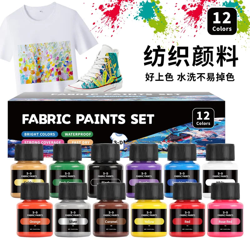 Fabric Paint Set 12 Colors Waterproof Fast-Drying Textile Paint for DIY Crafts