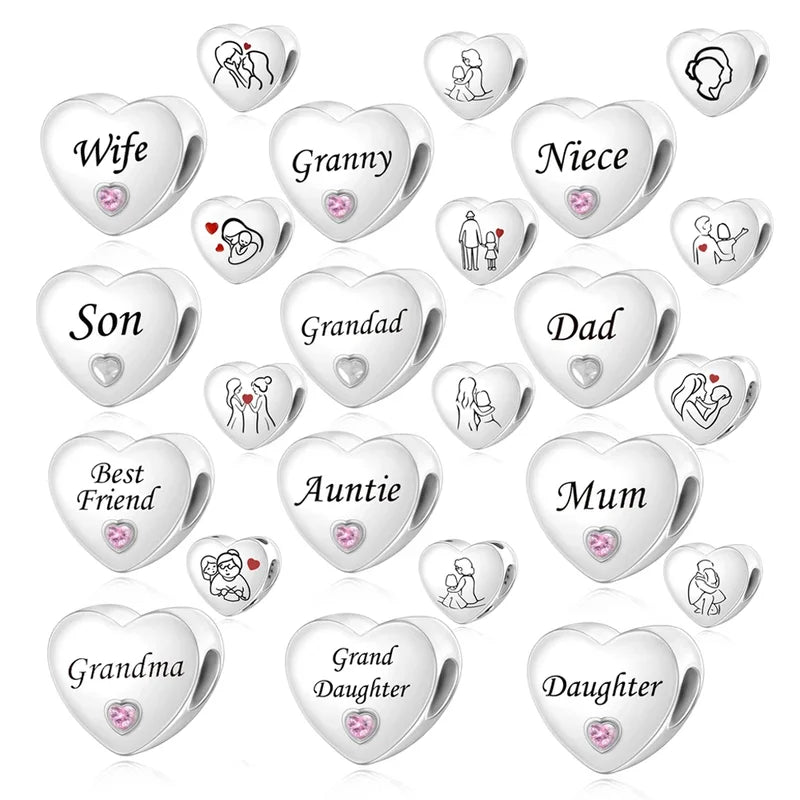 Family Friendship Heart Charm Beads for DIY Bracelets - Multiple Colors
