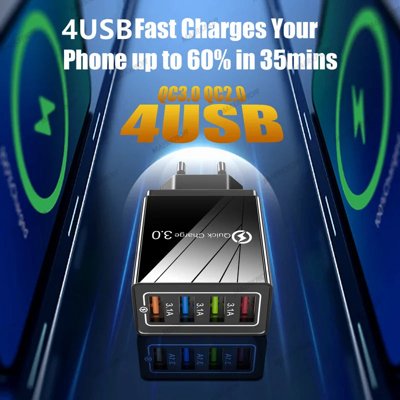 4-Port USB Charger Fast Charging Adapter with Quick Charge 3.0 EU US Plug