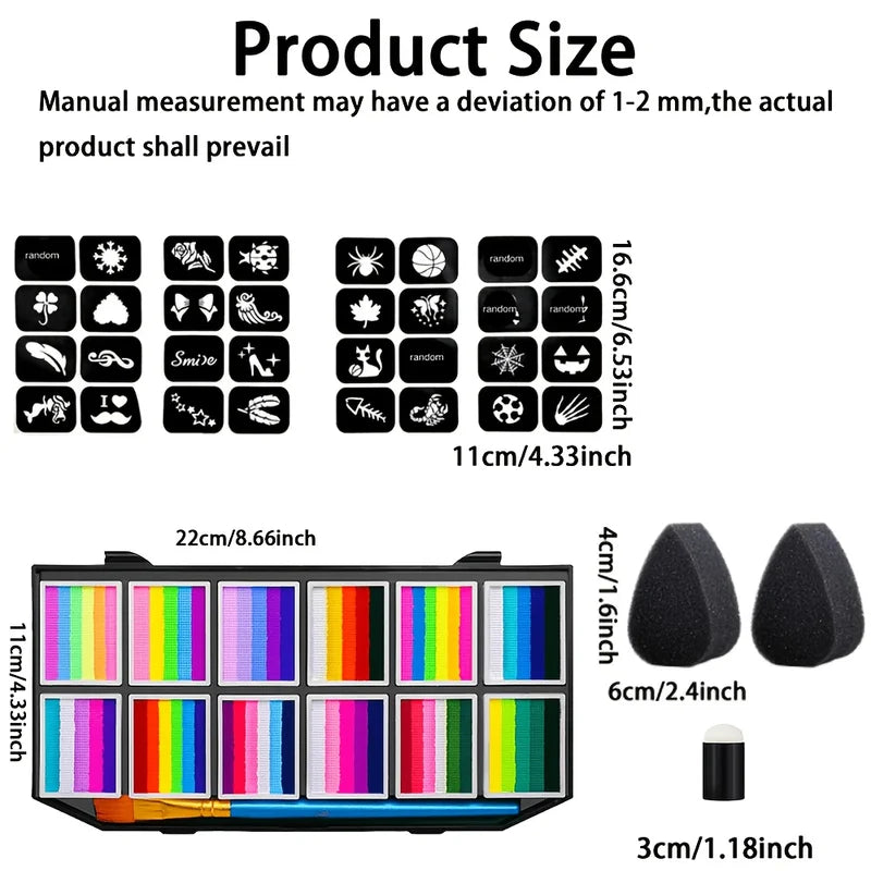 Face & Body Paint Kit with 65 Colors, 32 Stencils, Brushes & Sponges for Creative Makeup and Art