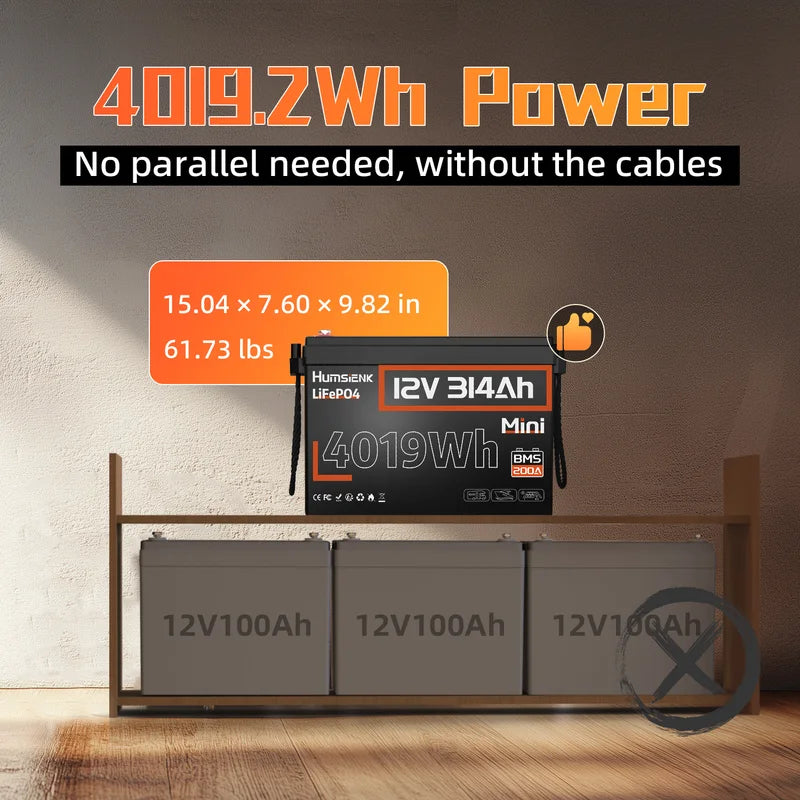 12V 314Ah Lithium Iron Phosphate Battery with 200A BMS for RV Solar Off-Grid Marine