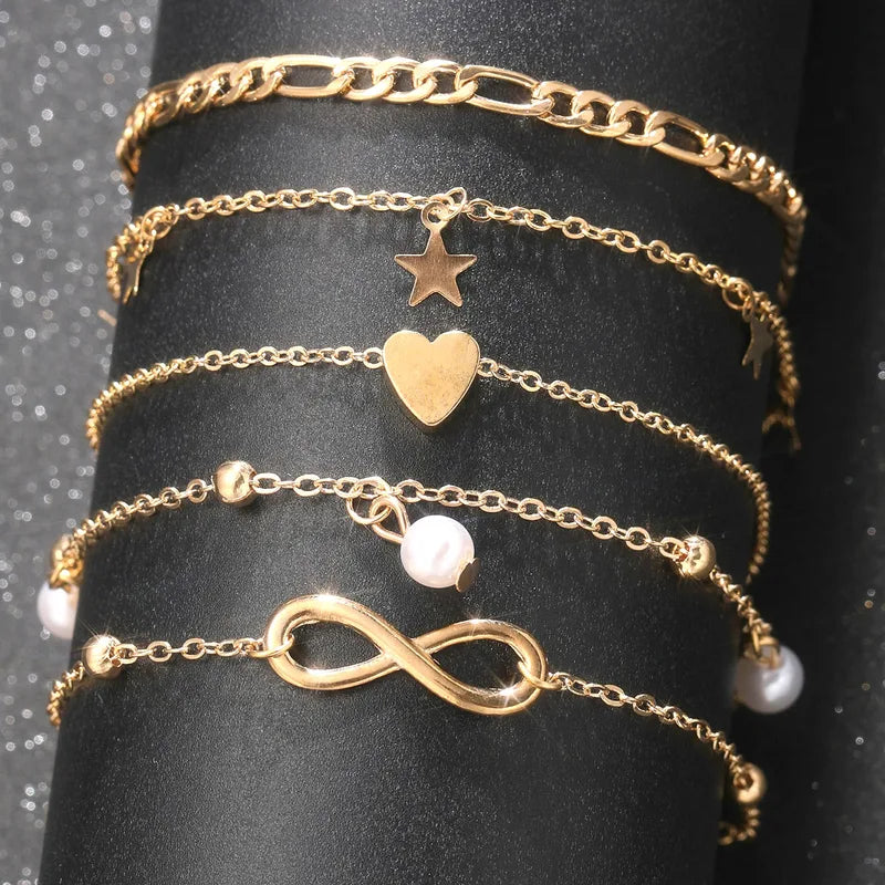 5Pcs Retro Multilayer Tassel Anklet Set for Women Beach Jewelry Bohemia Vintage Foot Accessories