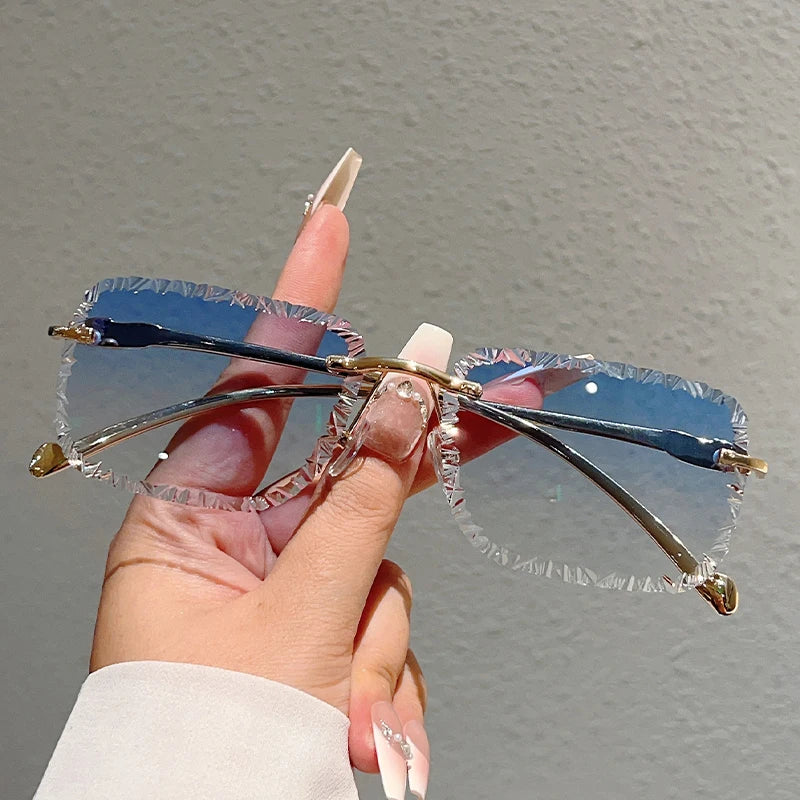 Square Rimless Sunglasses Men Women Fashion Vintage Trendy Casual Shades