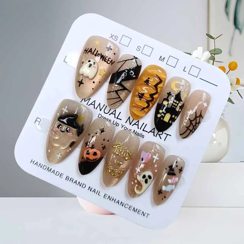 10Pcs French Style Cute 3D Short Almond False Nails with Cat Eye Design