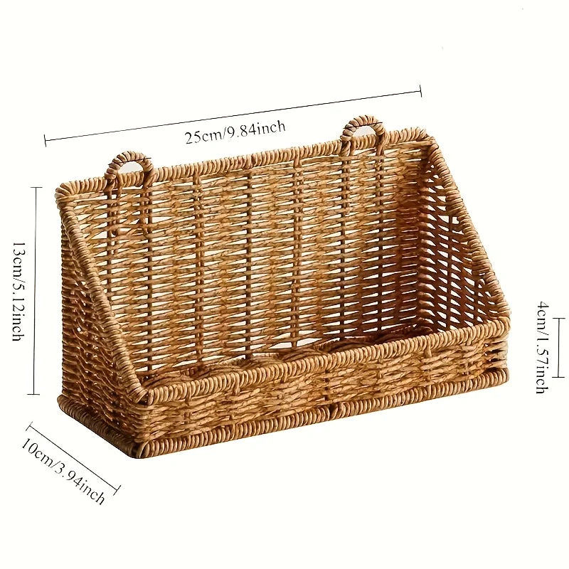 Rustic Wall-Mounted Woven Rattan Basket with Hooks for Bathroom Kitchen Bedroom