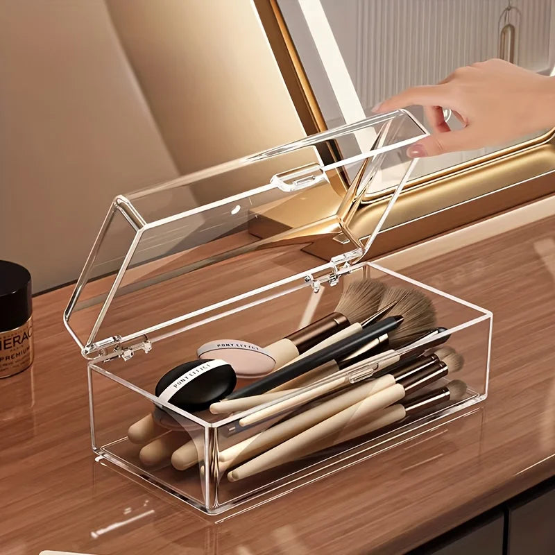 Transparent Makeup Organizer with Lid - Durable Storage Box for Lipstick, Eyeshadow, Brushes