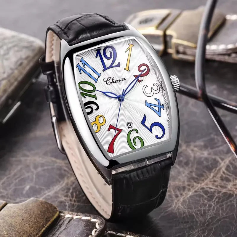 Men's Waterproof Quartz Watch with Leather Strap and Calendar - Multiple Colors