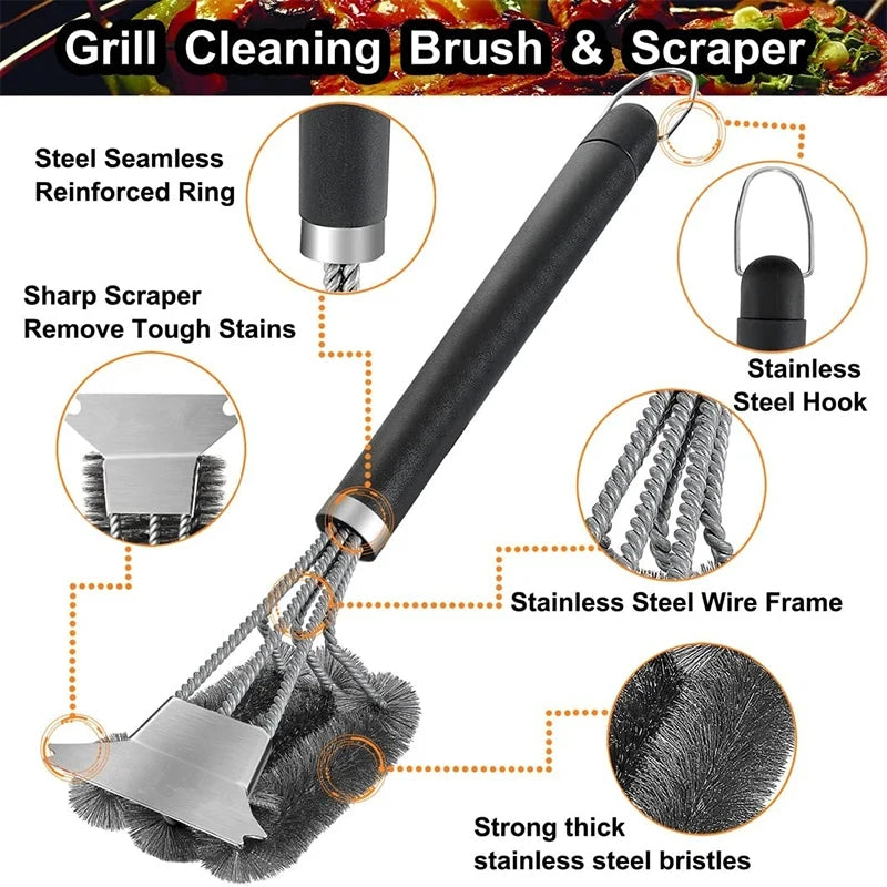 Stainless Steel Grill Brush with Deluxe Handle - BBQ & Grill Cleaner