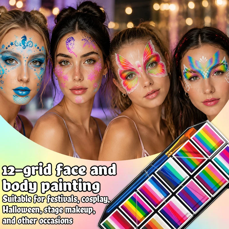 Rainbow Face & Body Paint Palette - Water Activated Makeup Kit for Halloween Cosplay Festival