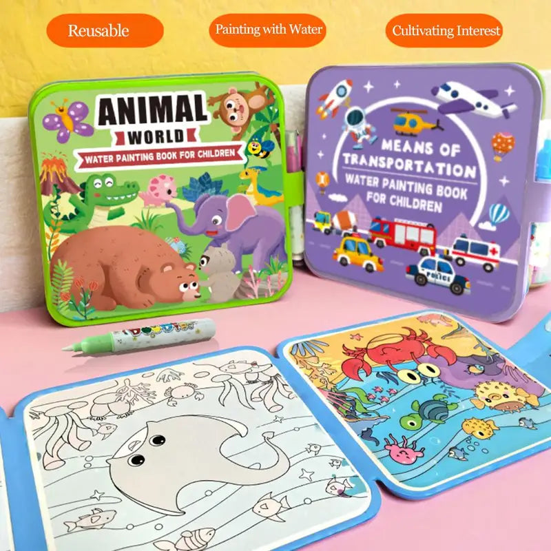 Kids Reusable Water Painting Book with Pen - Animal & Sea World Educational Drawing Pad