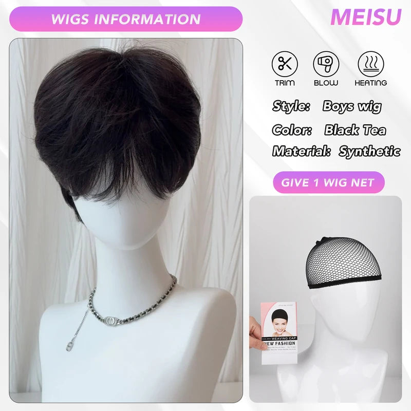 Short Boy Bangs Wig for Men - 10 Inch Synthetic Heat-Resistant Casual Style