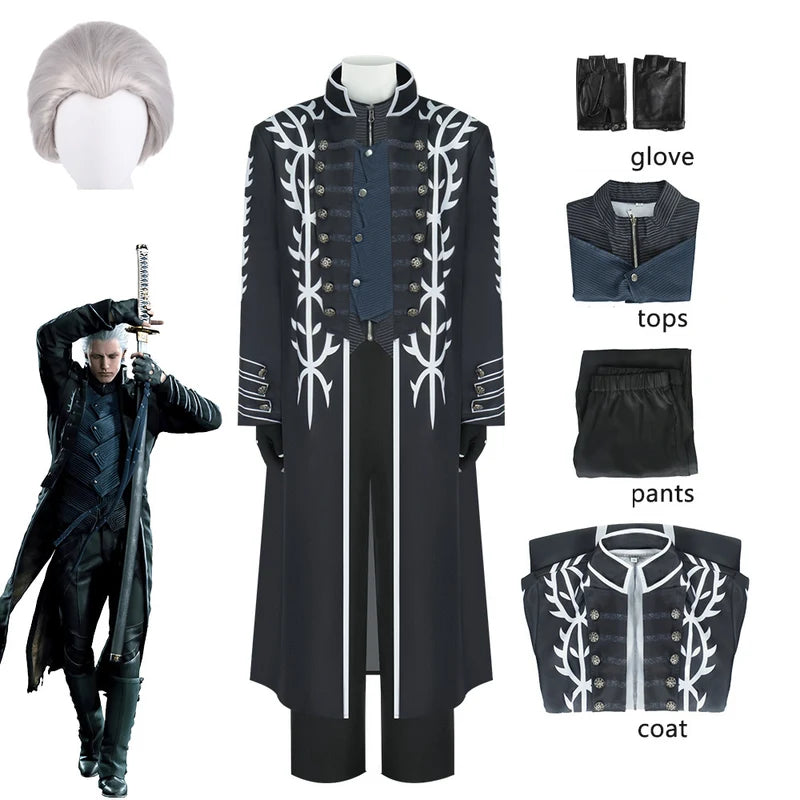 Vergil Cosplay Costume Set with Wig Devil May Cry Halloween Outfit for Men