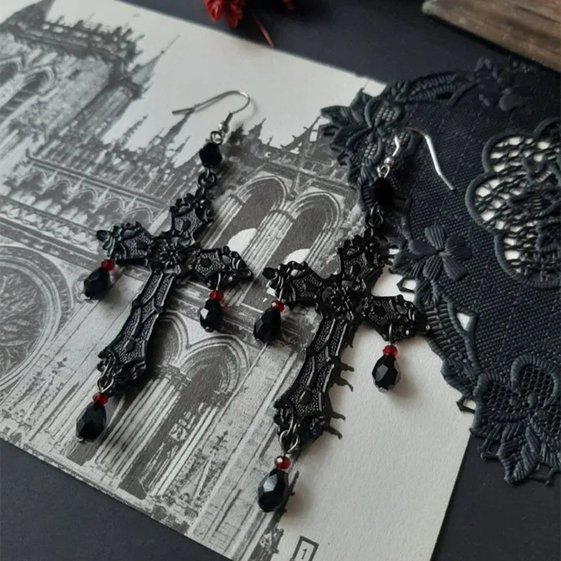 Gothic Cross Dangle Earrings with Teardrop Tassels for Women - Halloween Party Jewelry