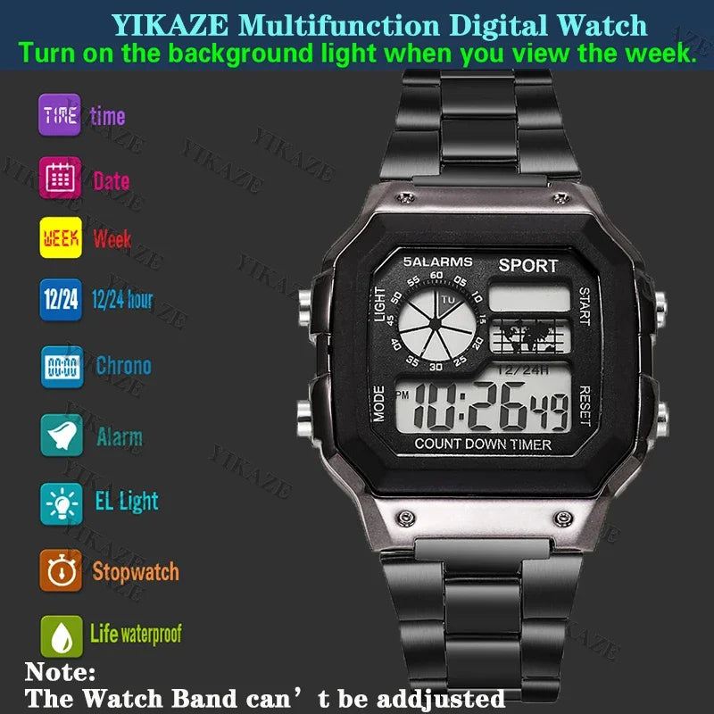 Men's Digital Sports Watch Waterproof LED Stainless Steel Strap Military Style