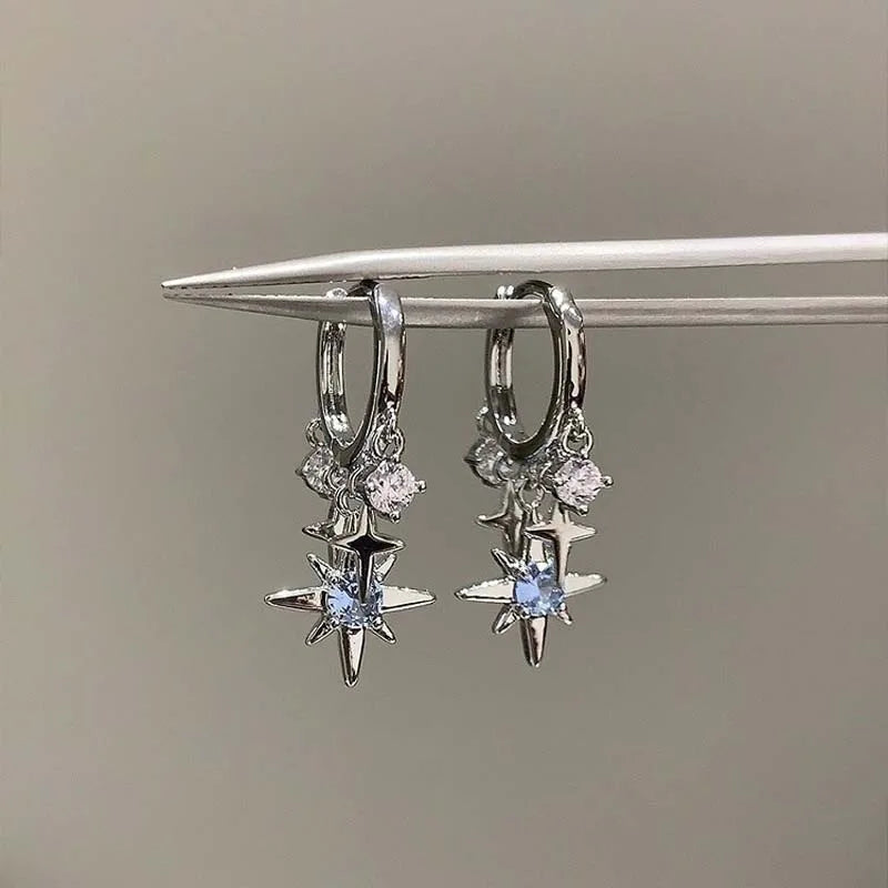 Y2K Blue Zircon Star Tassel Earrings for Women Men Silver Jewelry Gift