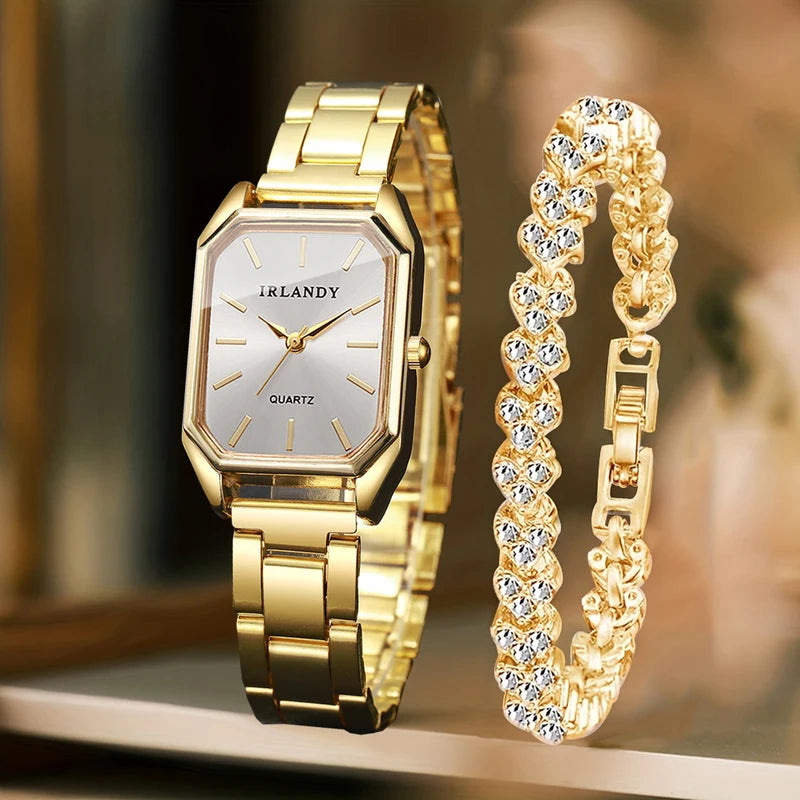 2PCS Women’s Quartz Watch & Rhinestone Bracelet Set - Elegant Fashion Jewelry