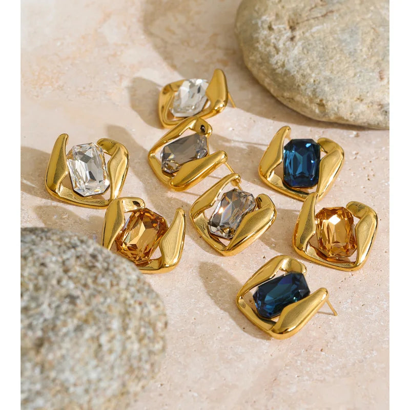 Multi-Color Crystal Square Stud Earrings 16K Gold PVD Plated Jewelry