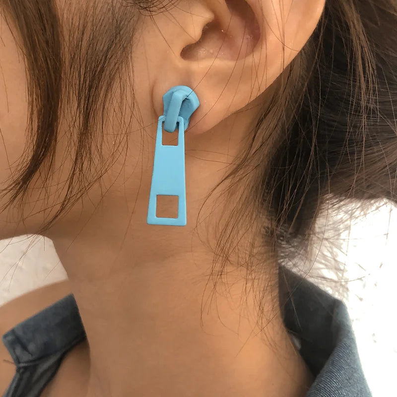Unisex Geometric Zipper Stud Earrings for Women Men Fashion Jewelry