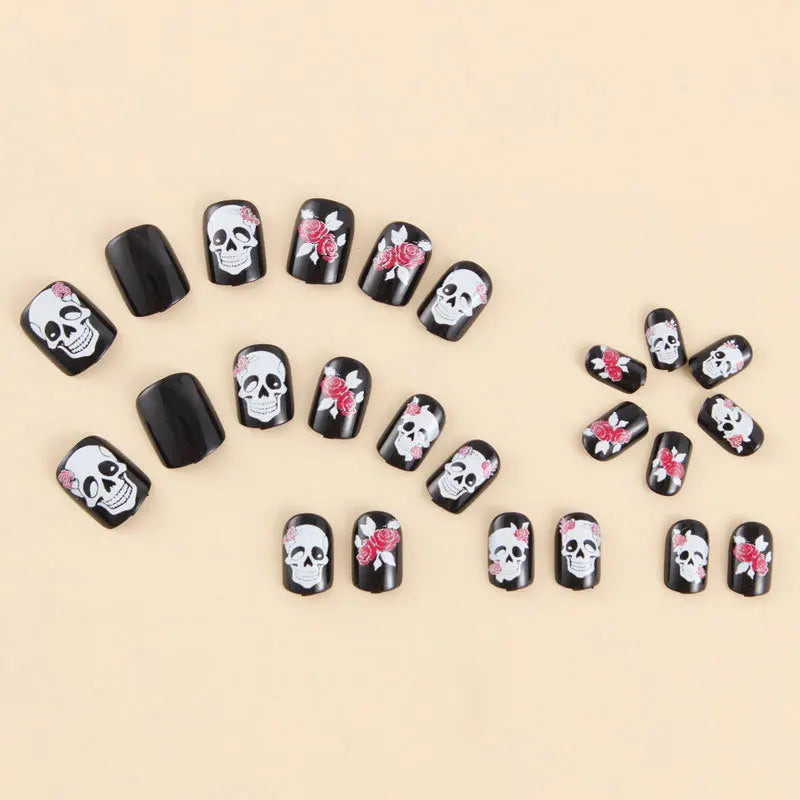 24Pcs Halloween Black Red Rose Square Press-On Nails with Skull Design - Reusable Fake Nails
