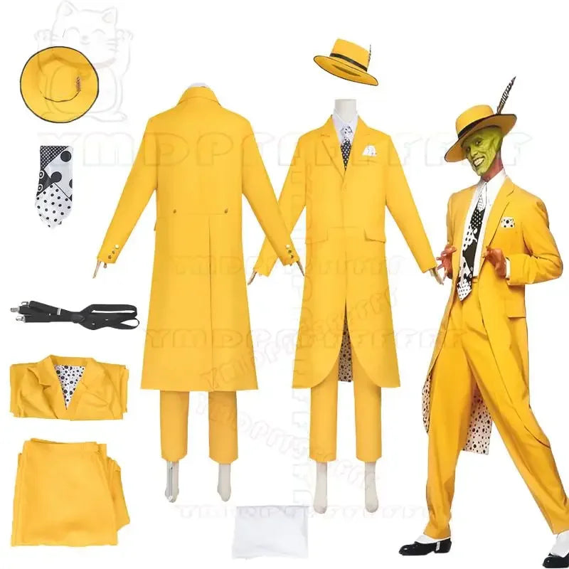 Anime Jim Carry Mask Man Costume Set - Yellow Long Suit Cosplay Halloween