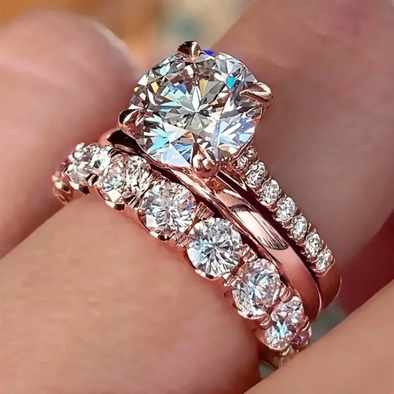 3-Piece Gold Color Zirconia Ring Set for Women - Fashion Finger Jewelry