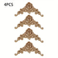 Wooden Floral Corner Wall Decor - Set of 4 Carved Wooden Appliques for Doors & Furniture