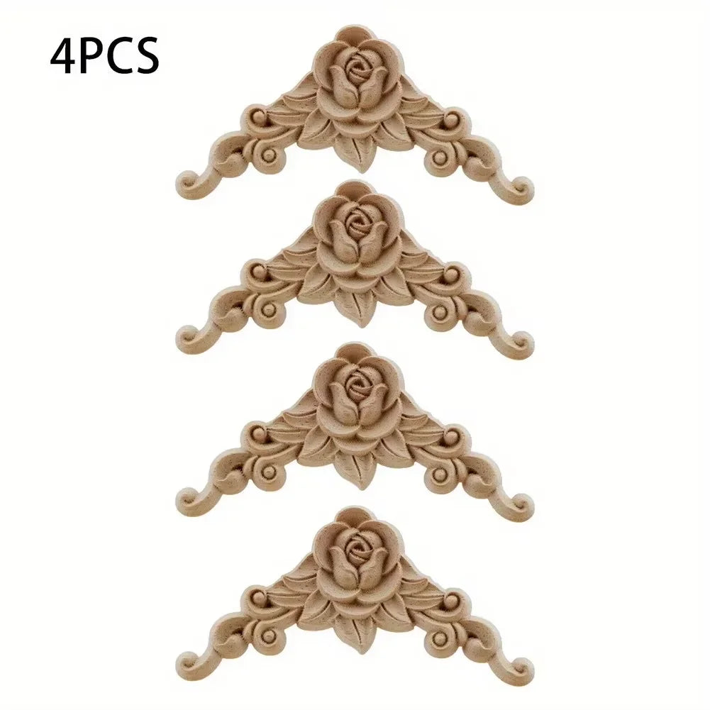 Wooden Floral Corner Wall Decor - Set of 4 Carved Wooden Appliques for Doors & Furniture