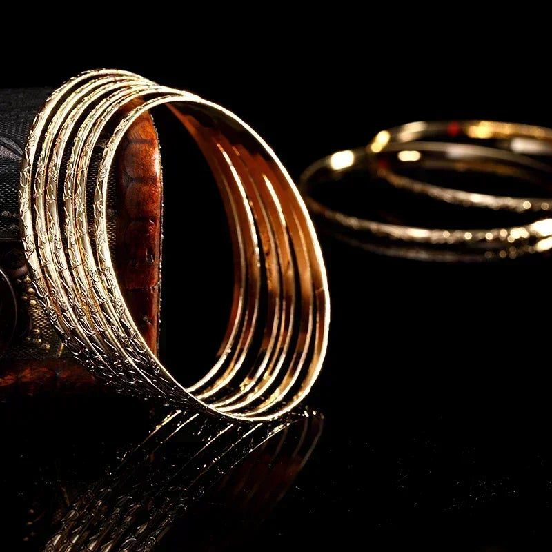 Slim Metal Bangles Layered Cuff Bracelet with Carved Flower Design - Bridal Ethnic Jewelry