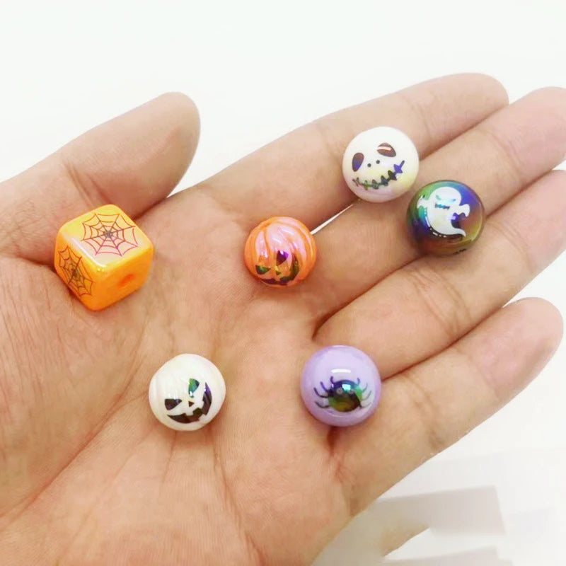 12PCS Acrylic Beads Halloween Printing UV Plating DIY Keychain Phone Chain Accessories