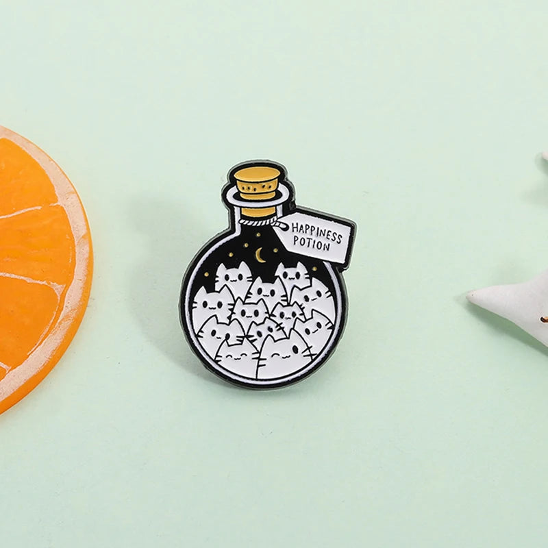 Cartoon Cat Happiness Potion Enamel Lapel Pin for Cat Enthusiasts Gift Jewelry