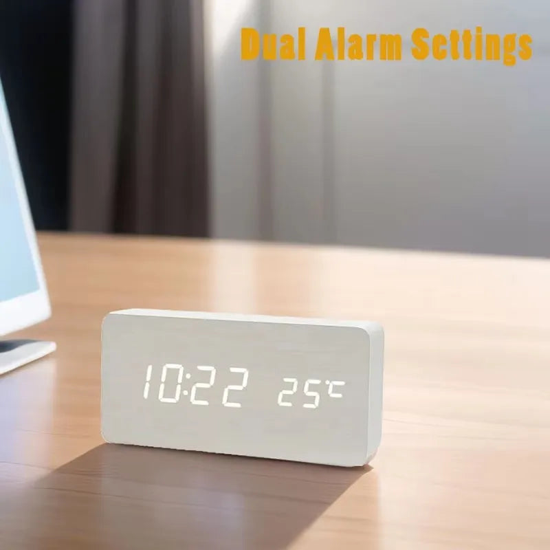 Wooden Digital Alarm Clock with Temperature Display - LED Table Clock for Bedroom & Office
