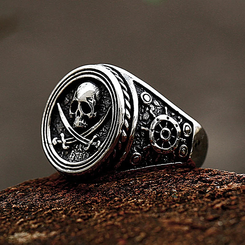 Vintage Double Knife Pirate Skull Ring Gothic Stainless Steel Jewelry for Men Boys