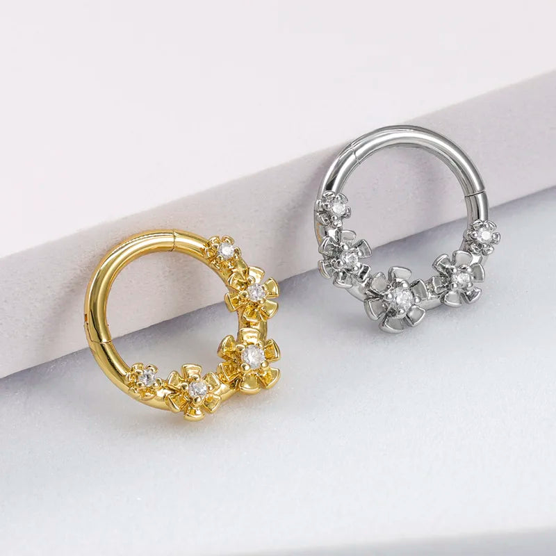 Cubic Zirconia Flower Nose Ring - Hinged Segment Septum Clicker Jewelry