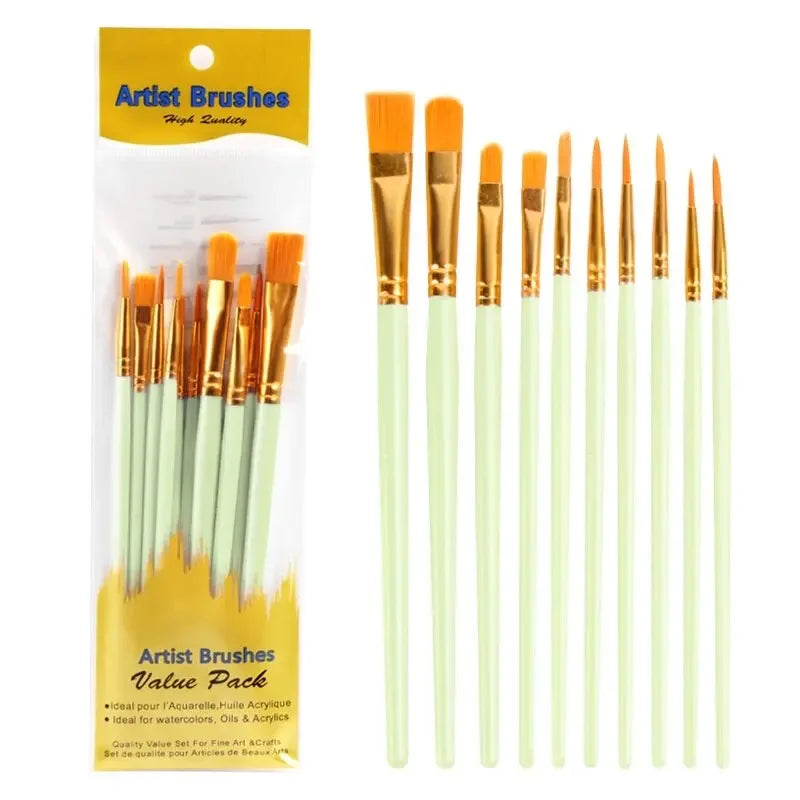 10-Piece Paint Brush Set - Nylon Hair Art & Craft Brushes for Acrylic, Watercolor, Oil, Nail & Face Painting