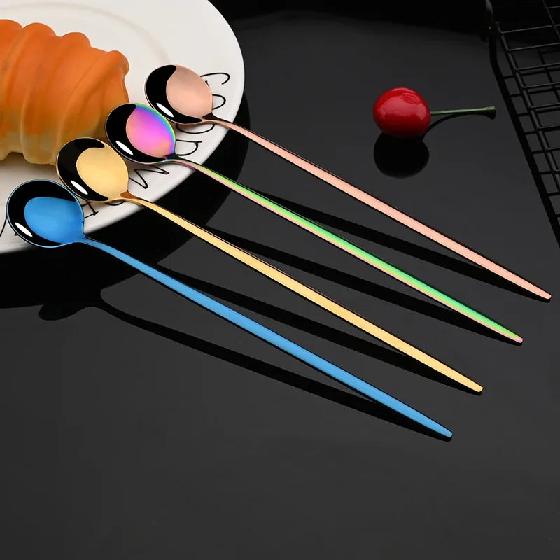 6-Piece Stainless Steel Long Handle Ice Spoon Set - Gold-Tone Coffee & Tea Stirring Utensils