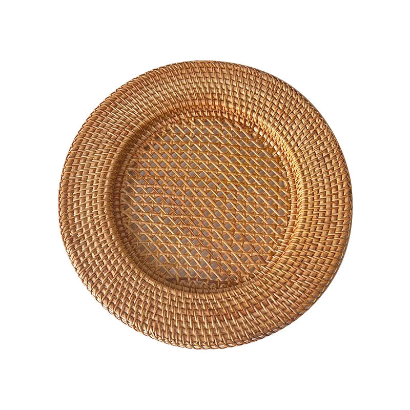 Handmade Rattan Serving Plate - 33cm Round Concave Tray for Home & Dining