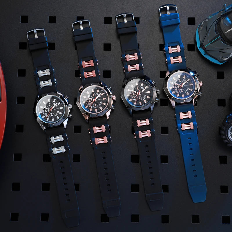 Men's Sports Quartz Watch with Silicone Band and Date Calendar