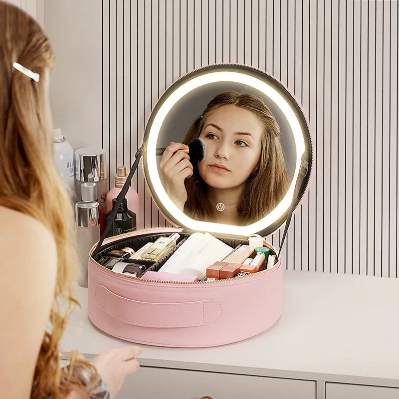 Travel Makeup Bag with LED Mirror and Light - Portable Rechargeable Cosmetic Case