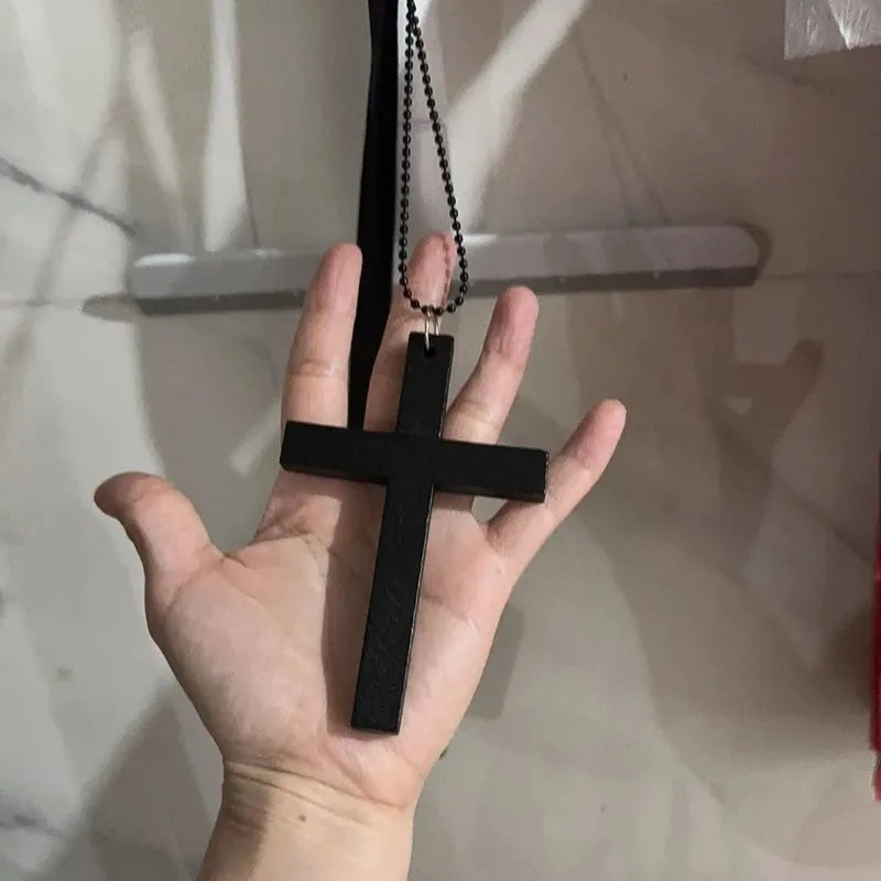 Dark Wooden Cross Necklace - Gothic Boho Jewelry Chain Pendant