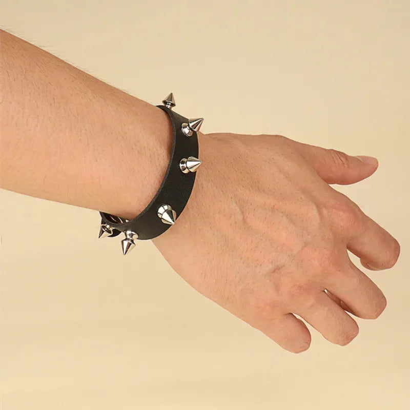 Goth Leather Wristband for Men Women - Spike Studded Adjustable Cuff Bracelet