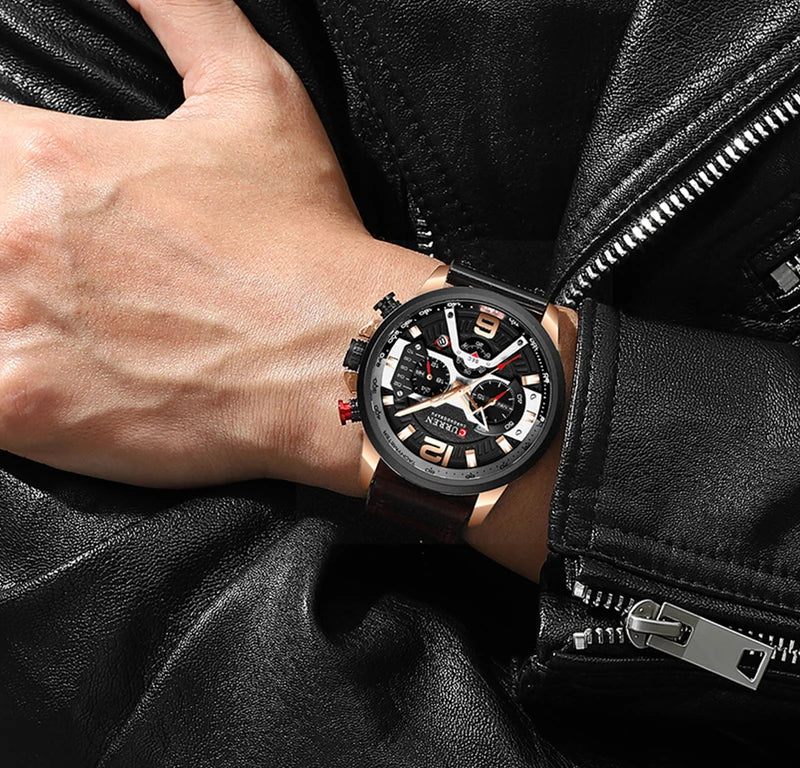 Men's Sports Chronograph Watch Leather Strap Military Style Casual Watch
